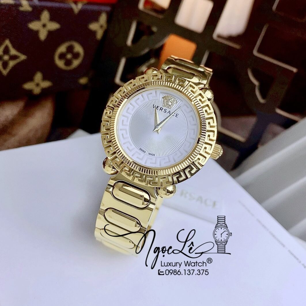 Đồng Hồ Nữ Versace Greca Twist Dây Kim Loại Vàng Mặt Trắng Size 35mm