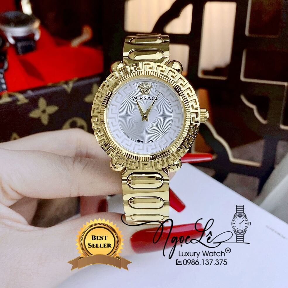 Đồng Hồ Nữ Versace Greca Twist Dây Kim Loại Vàng Mặt Trắng Size 35mm
