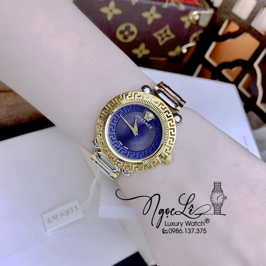 Đồng Hồ Nữ Versace Greca Twist Dây Kim Loại Demi Mặt Xanh Dương Size 35mm