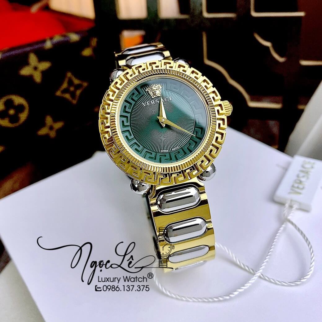 Đồng Hồ Nữ Versace Greca Twist Dây Kim Loại Demi Mặt Xanh Lá Size 35mm
