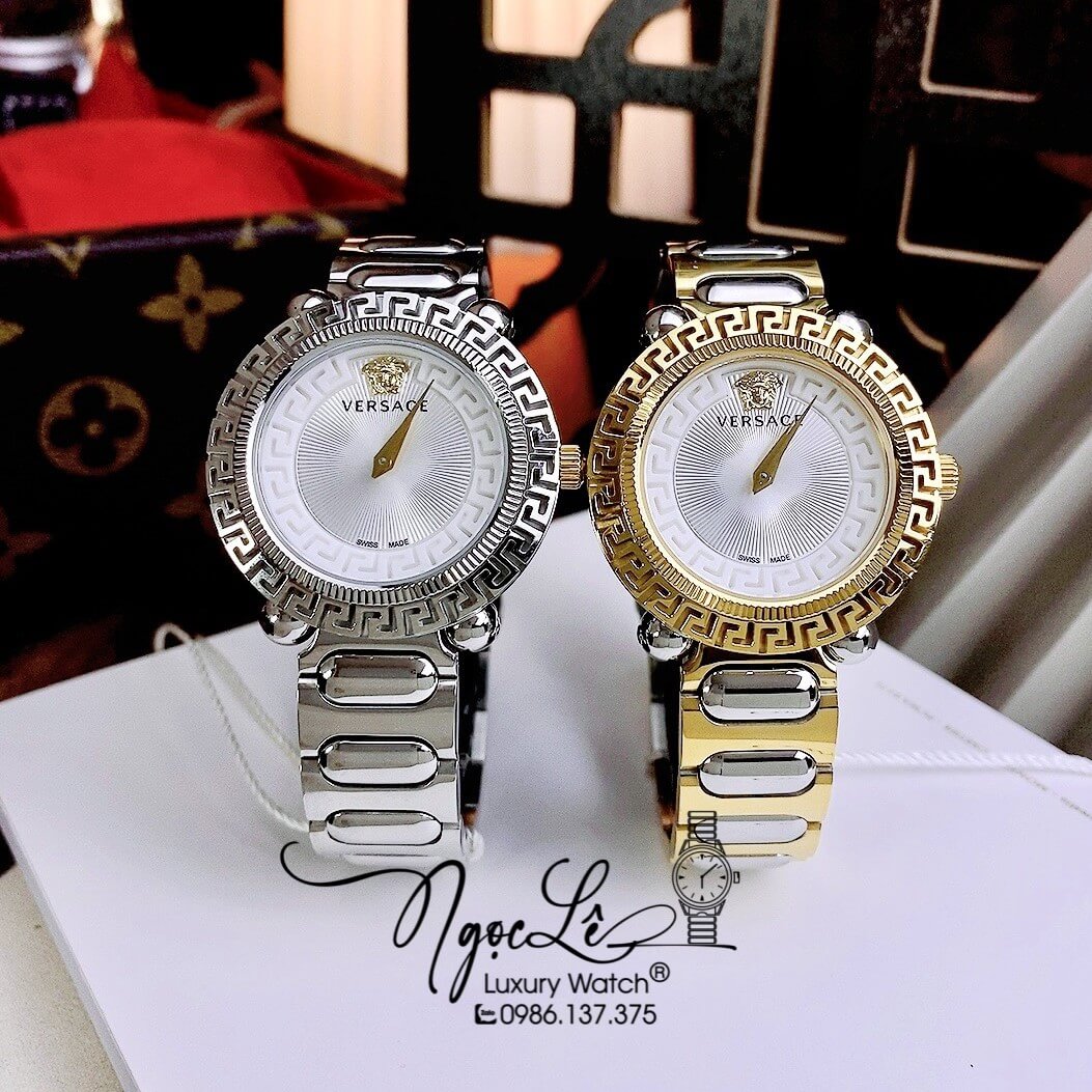 Đồng Hồ Nữ Versace Greca Twist Dây Kim Loại Demi Mặt Trắng Size 35mm