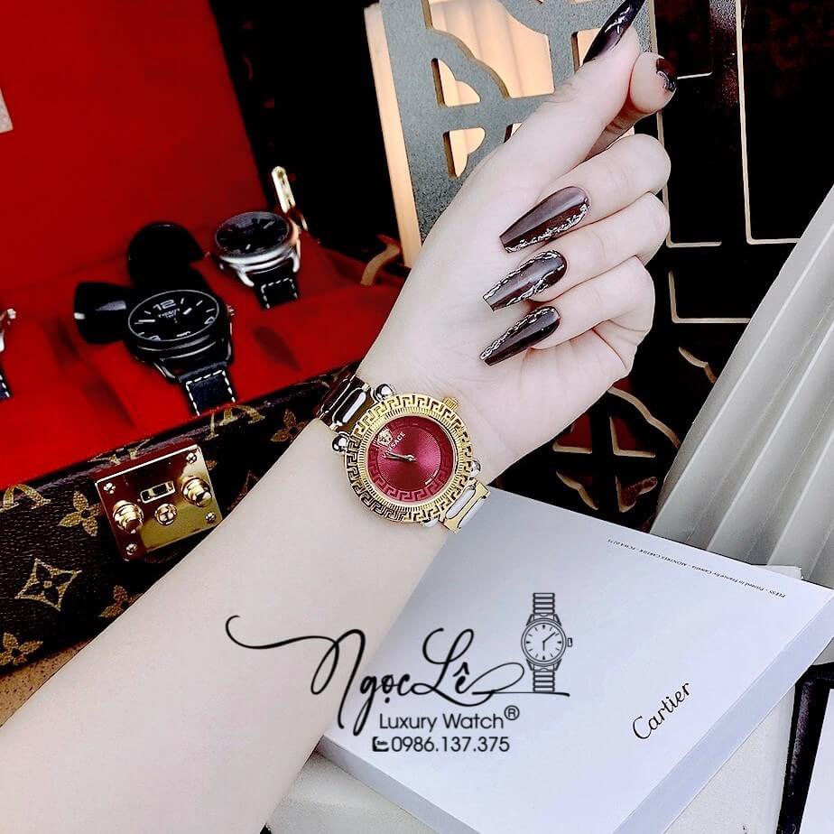 Đồng Hồ Nữ Versace Greca Twist Dây Kim Loại Demi Mặt Đỏ Size 35mm