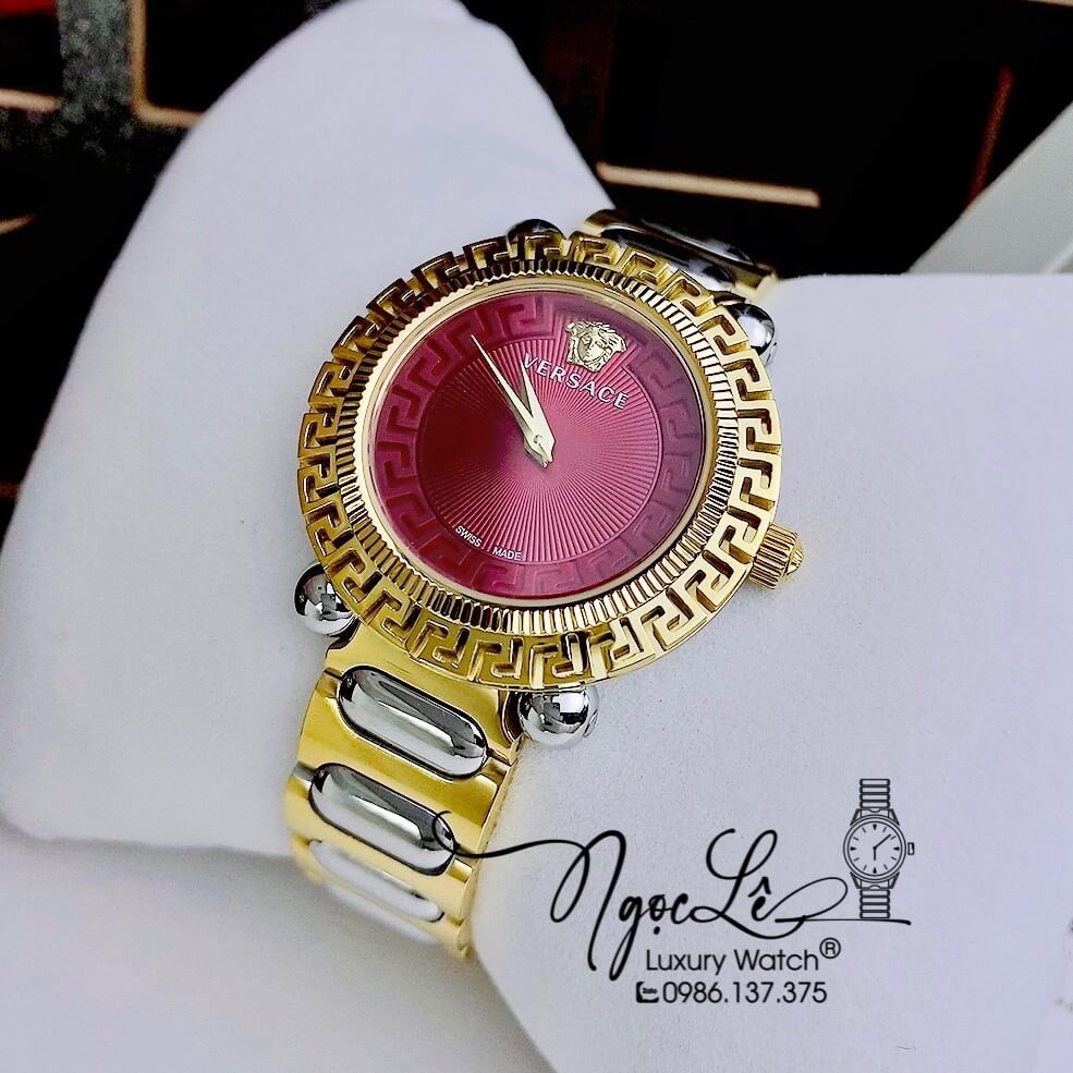 Đồng Hồ Nữ Versace Greca Twist Dây Kim Loại Demi Mặt Đỏ Size 35mm