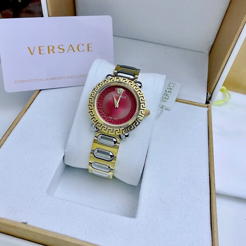 Đồng Hồ Nữ Versace Greca Twist Dây Kim Loại Demi Mặt Đỏ Size 35mm