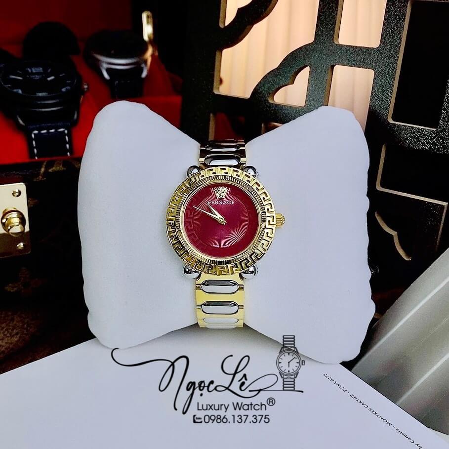 Đồng Hồ Nữ Versace Greca Twist Dây Kim Loại Demi Mặt Đỏ Size 35mm