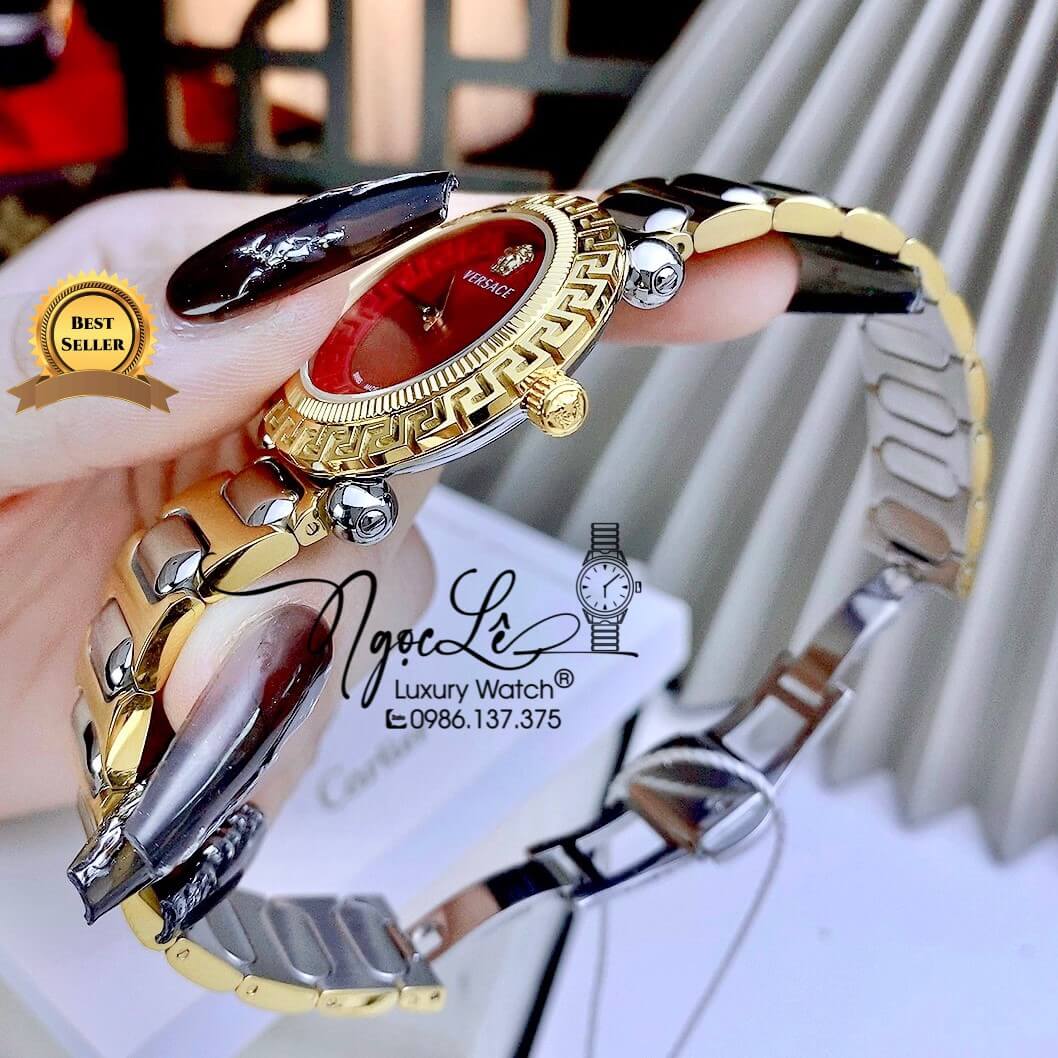 Đồng Hồ Nữ Versace Greca Twist Dây Kim Loại Demi Mặt Đỏ Size 35mm