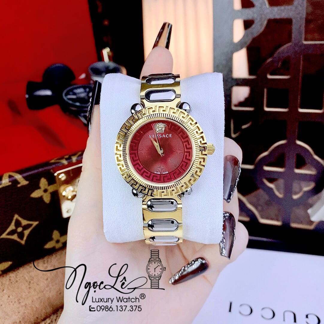Đồng Hồ Nữ Versace Greca Twist Dây Kim Loại Demi Mặt Đỏ Size 35mm