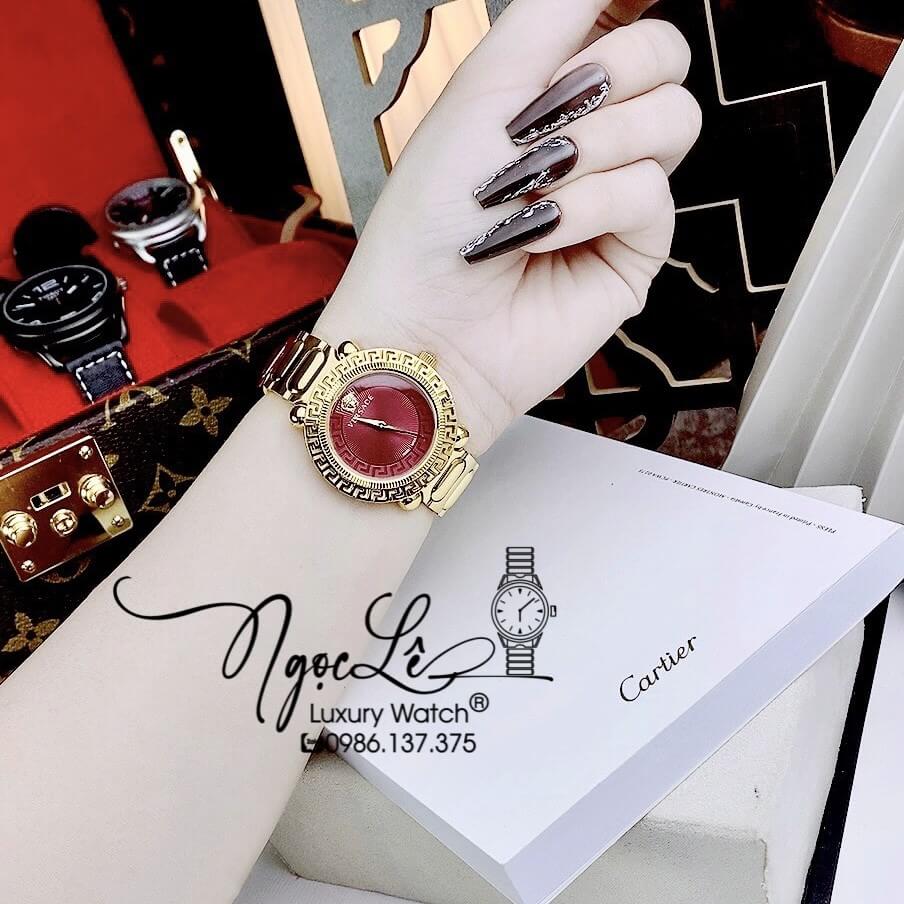 Đồng Hồ Nữ Versace Greca Twist Dây Kim Loại Vàng Mặt Đỏ Size 35mm