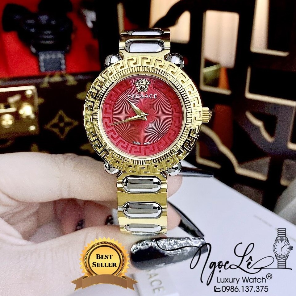 Đồng Hồ Nữ Versace Greca Twist Dây Kim Loại Demi Mặt Đỏ Size 35mm