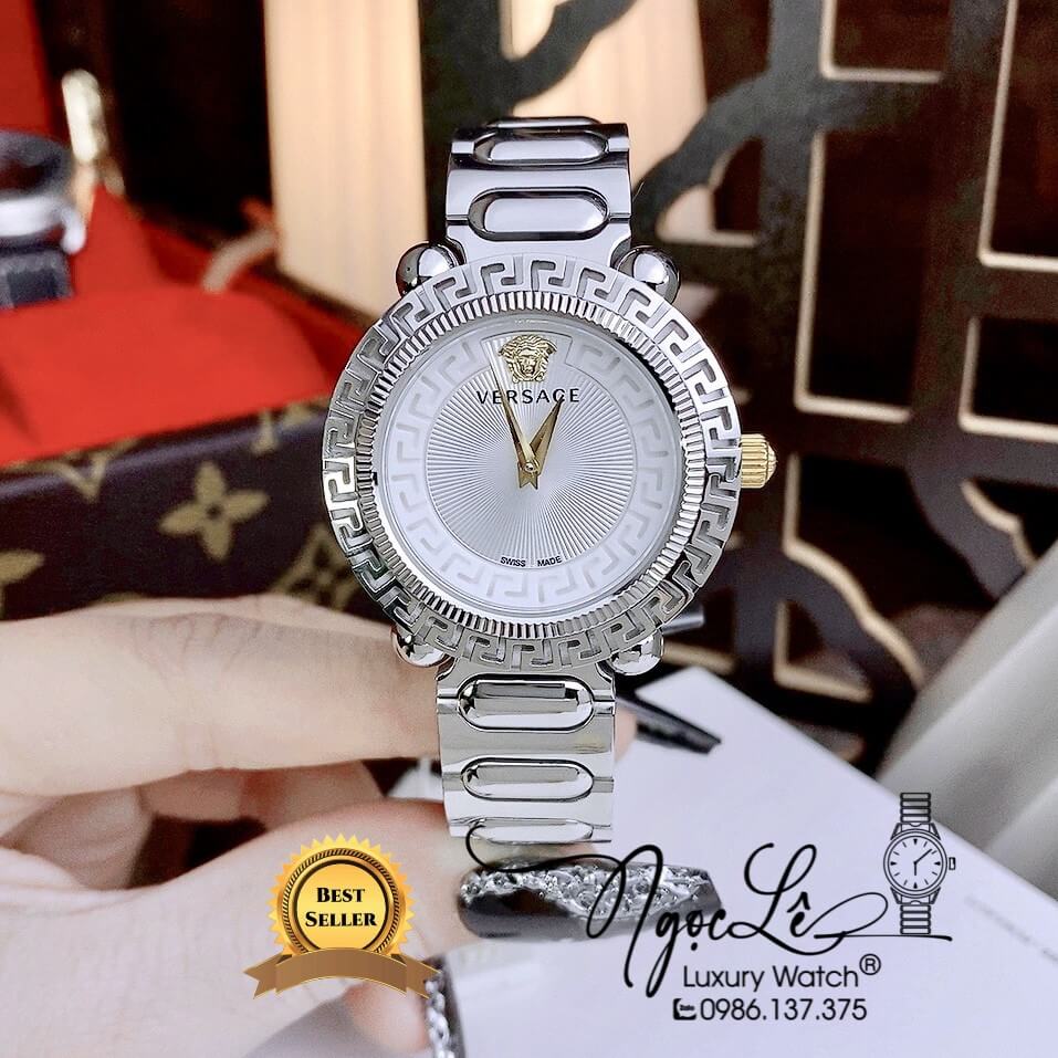 Đồng Hồ Nữ Versace Greca Twist Dây Kim Loại Bạc Mặt Trắng Kim Vàng Size 35mm