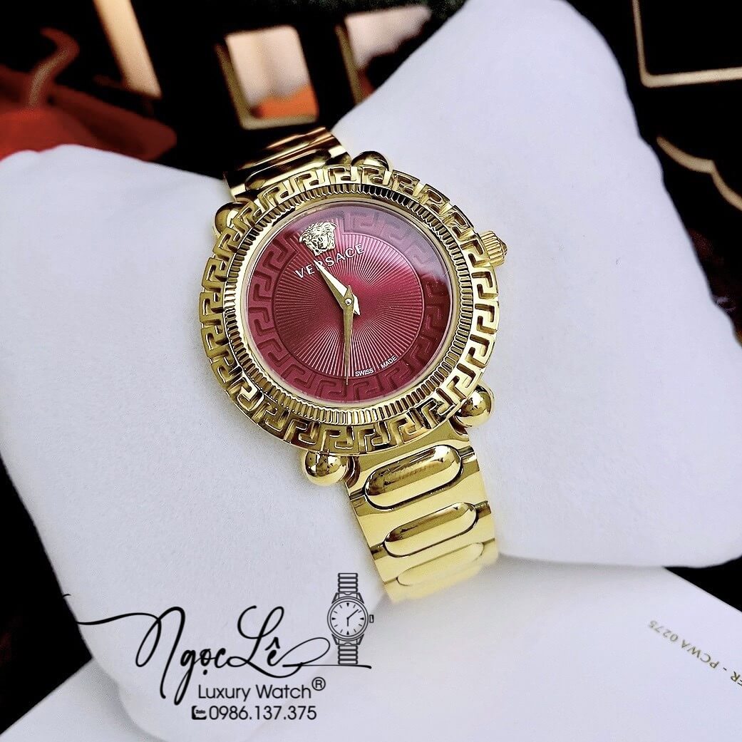Đồng Hồ Nữ Versace Greca Twist Dây Kim Loại Vàng Mặt Đỏ Size 35mm