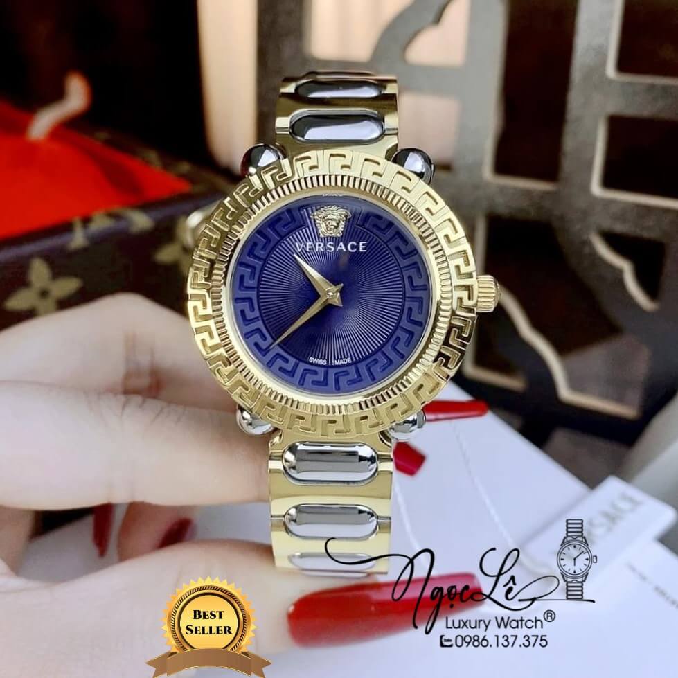 Đồng Hồ Nữ Versace Greca Twist Dây Kim Loại Demi Mặt Xanh Dương Size 35mm