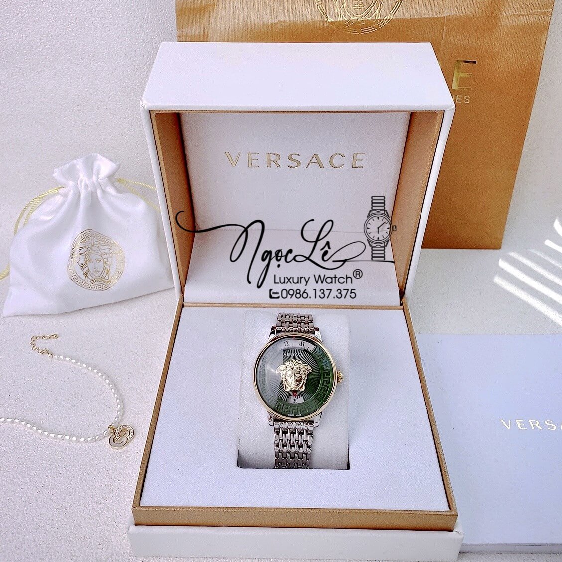 Đồng Hồ Nữ Versace Medusa Icon Dây Kim Loại Demi Mặt Xanh Oliu Size 38mm