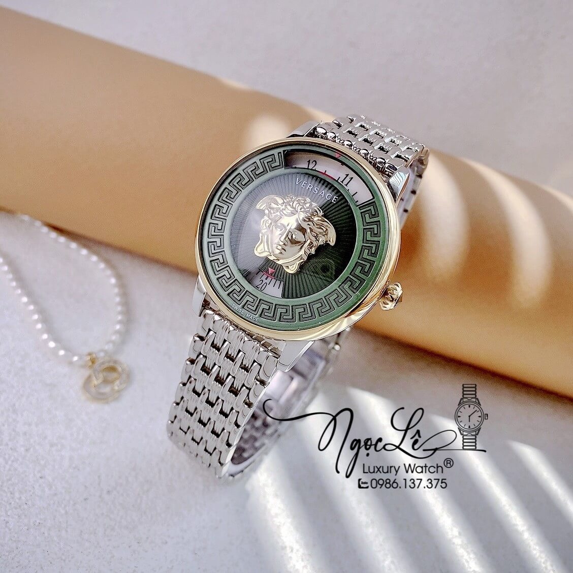 Đồng Hồ Nữ Versace Medusa Icon Dây Kim Loại Demi Mặt Xanh Oliu Size 38mm