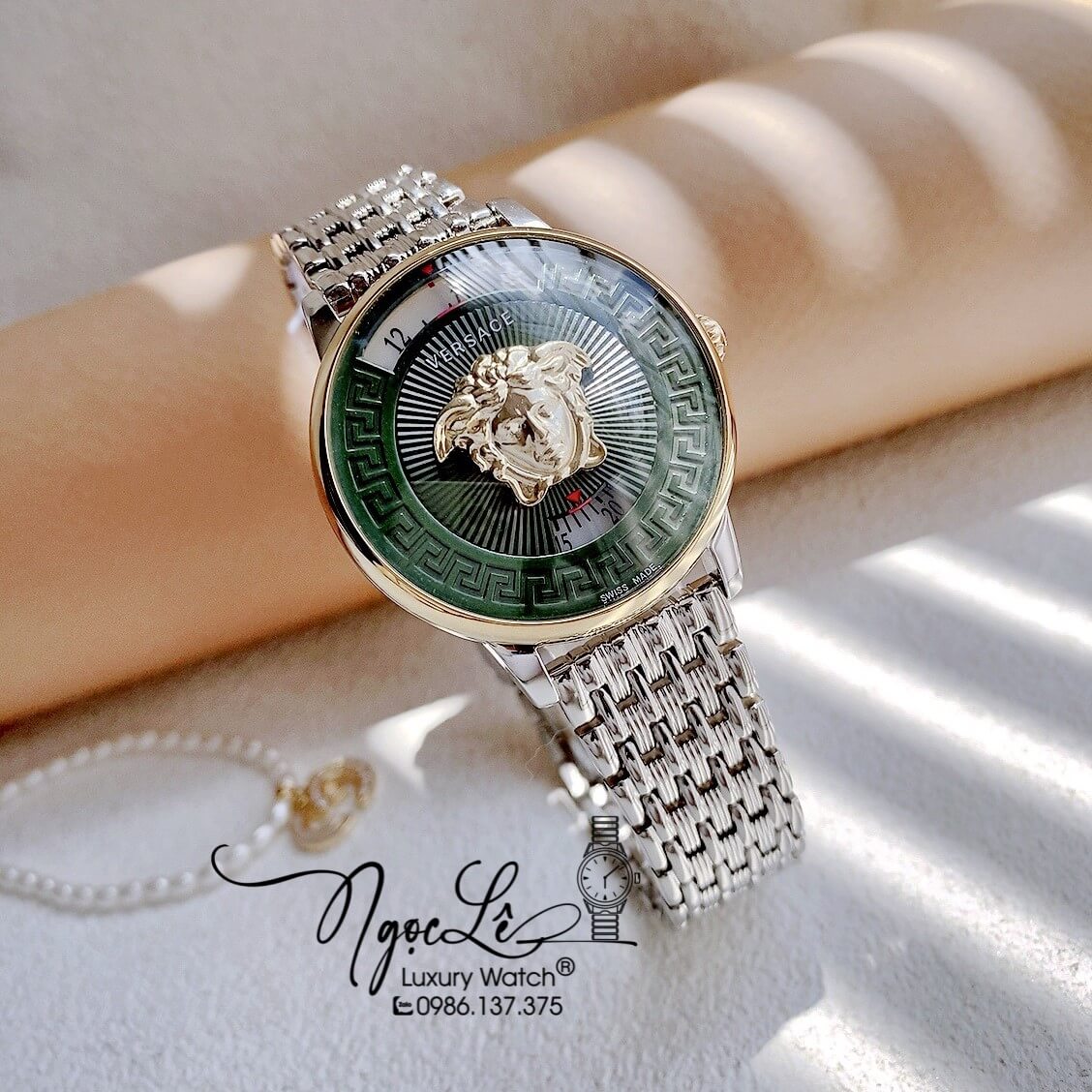 Đồng Hồ Nữ Versace Medusa Icon Dây Kim Loại Demi Mặt Xanh Oliu Size 38mm
