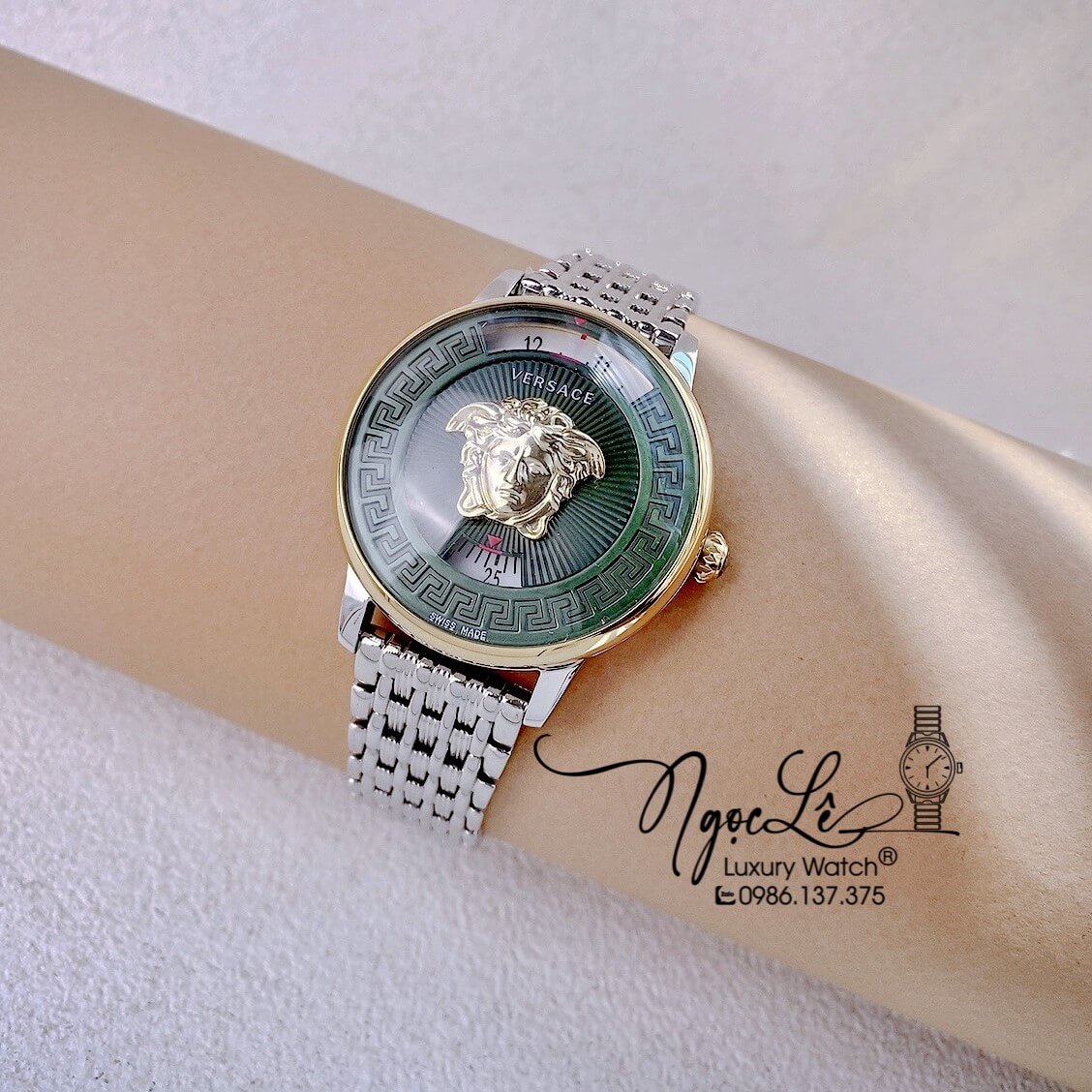 Đồng Hồ Nữ Versace Medusa Icon Dây Kim Loại Demi Mặt Xanh Oliu Size 38mm