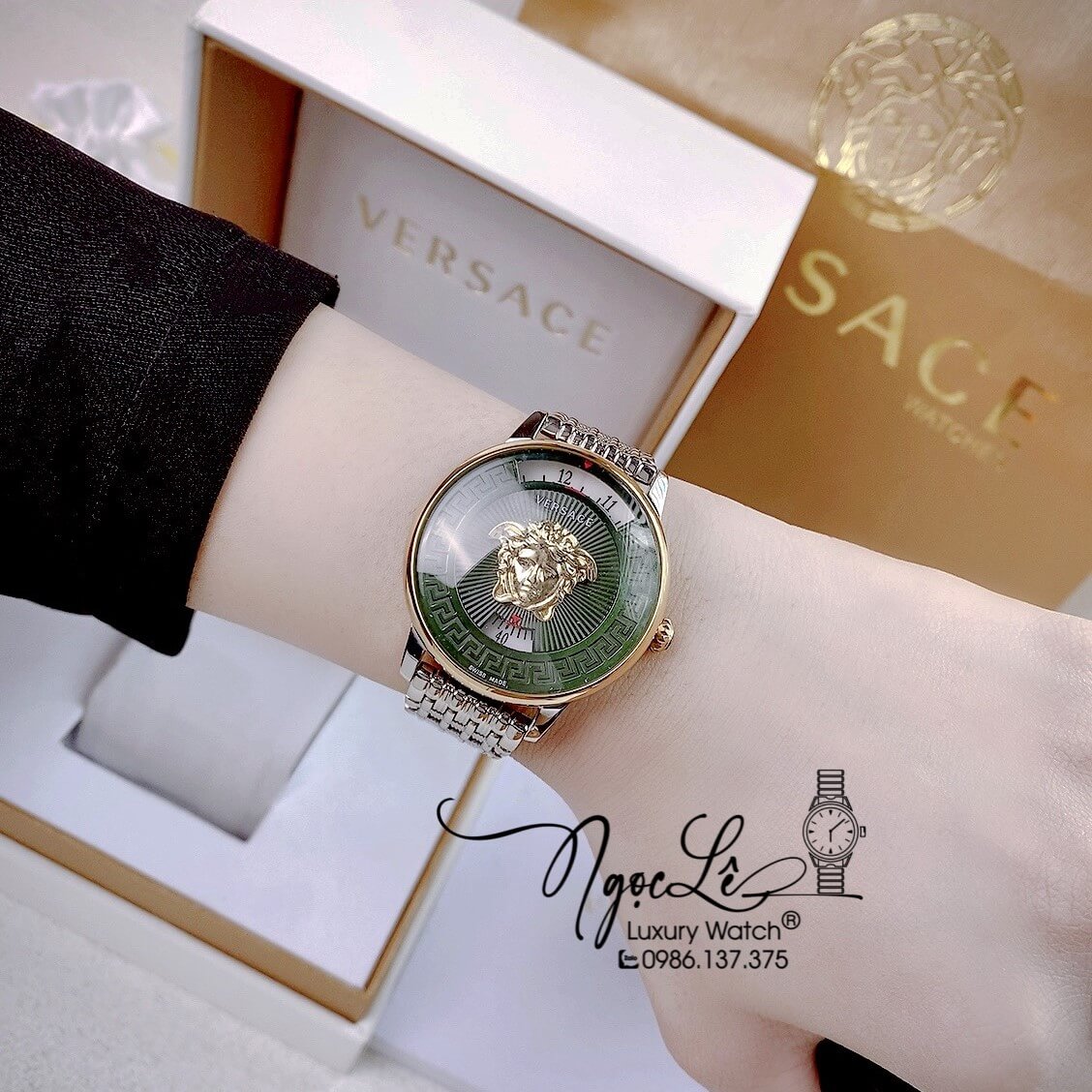 Đồng Hồ Nữ Versace Medusa Icon Dây Kim Loại Demi Mặt Xanh Oliu Size 38mm