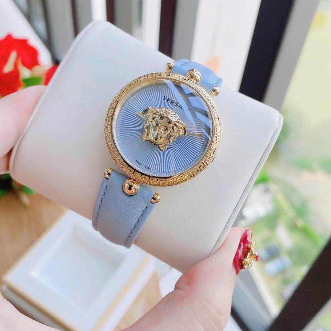 Đồng Hồ Nữ Versace Palazzo Empire Dây Da Xanh Nhạt Vỏ Vàng Size 34mm