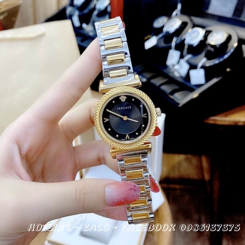 Đồng Hồ Nữ Versace V-Motif Vintage Logo 35mm (Demi Mặt Đen)