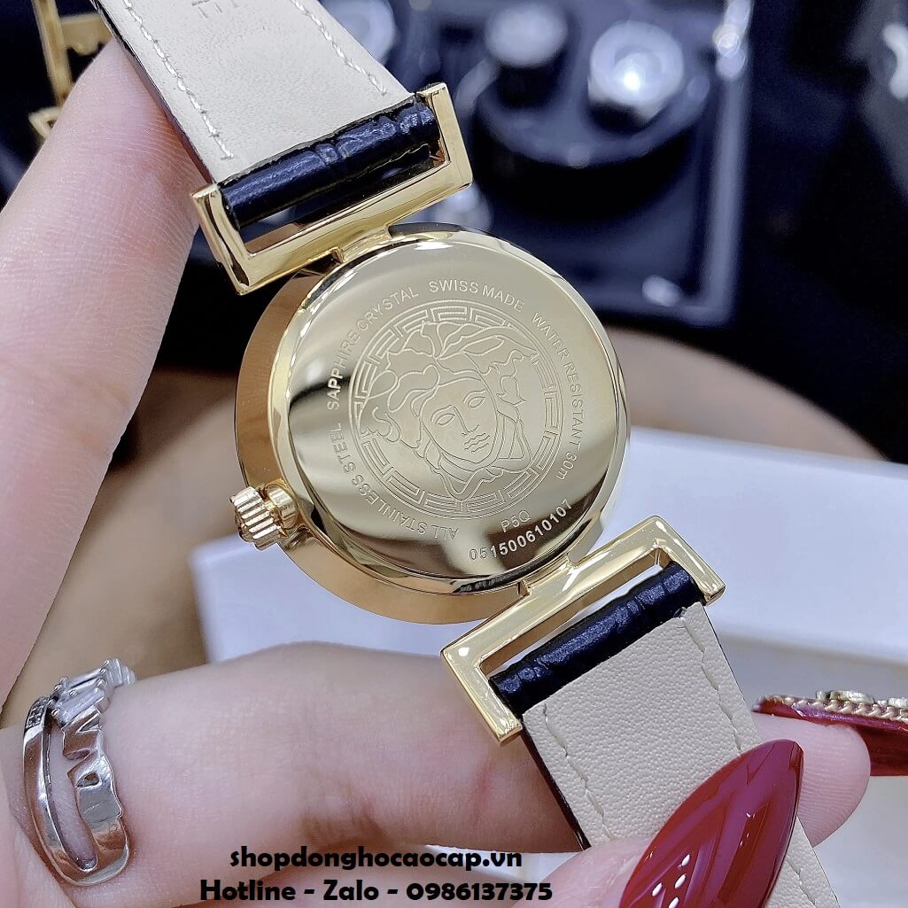 Đồng Hồ Nữ Versace Vanity Máy Thụy Sỹ Dây Da Đen Đính Đá 35mm