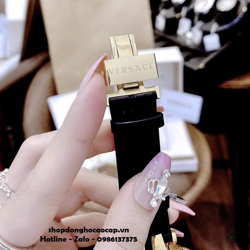 Đồng Hồ Nữ Versace Vanity Máy Thụy Sỹ Dây Da Đen Đính Đá 35mm