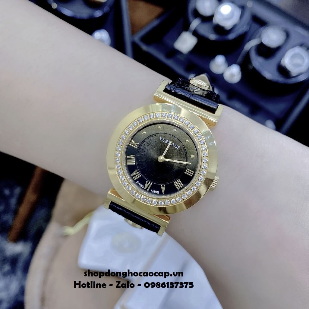 Đồng Hồ Nữ Versace Vanity Máy Thụy Sỹ Dây Da Đen Đính Đá 35mm