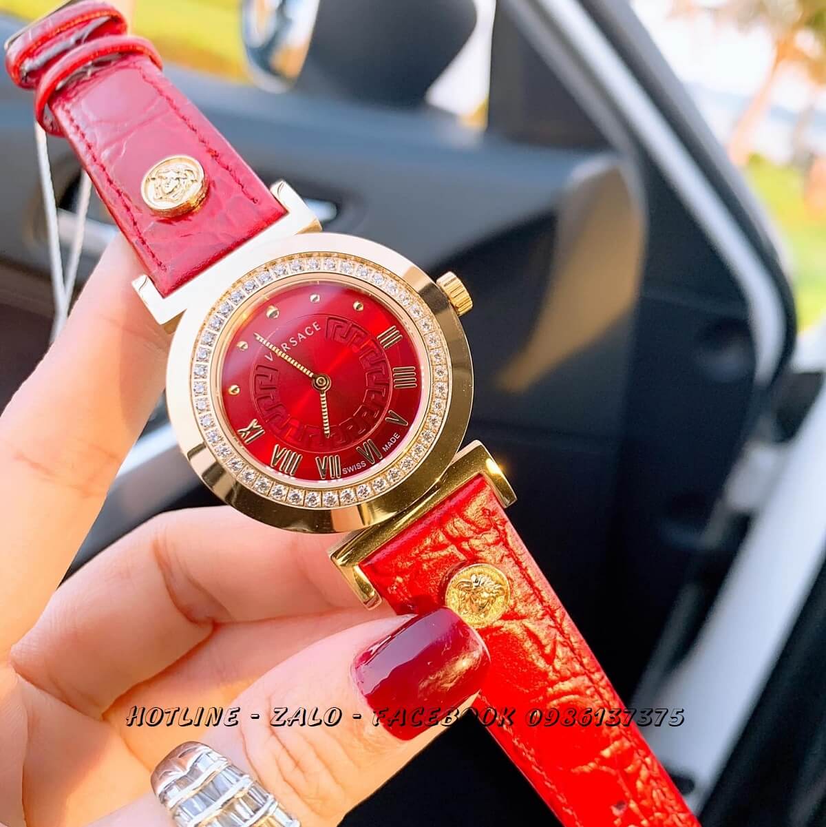 Đồng Hồ Versace Vanity Nữ Dây Da Đỏ 35mm (Mặt Xoàn)