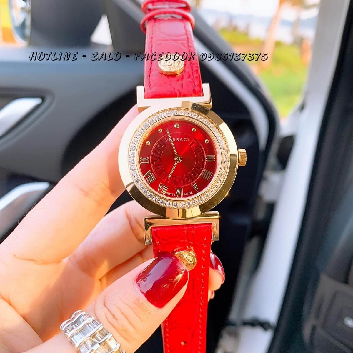 Đồng Hồ Versace Vanity Nữ Dây Da Đỏ 35mm (Mặt Xoàn)