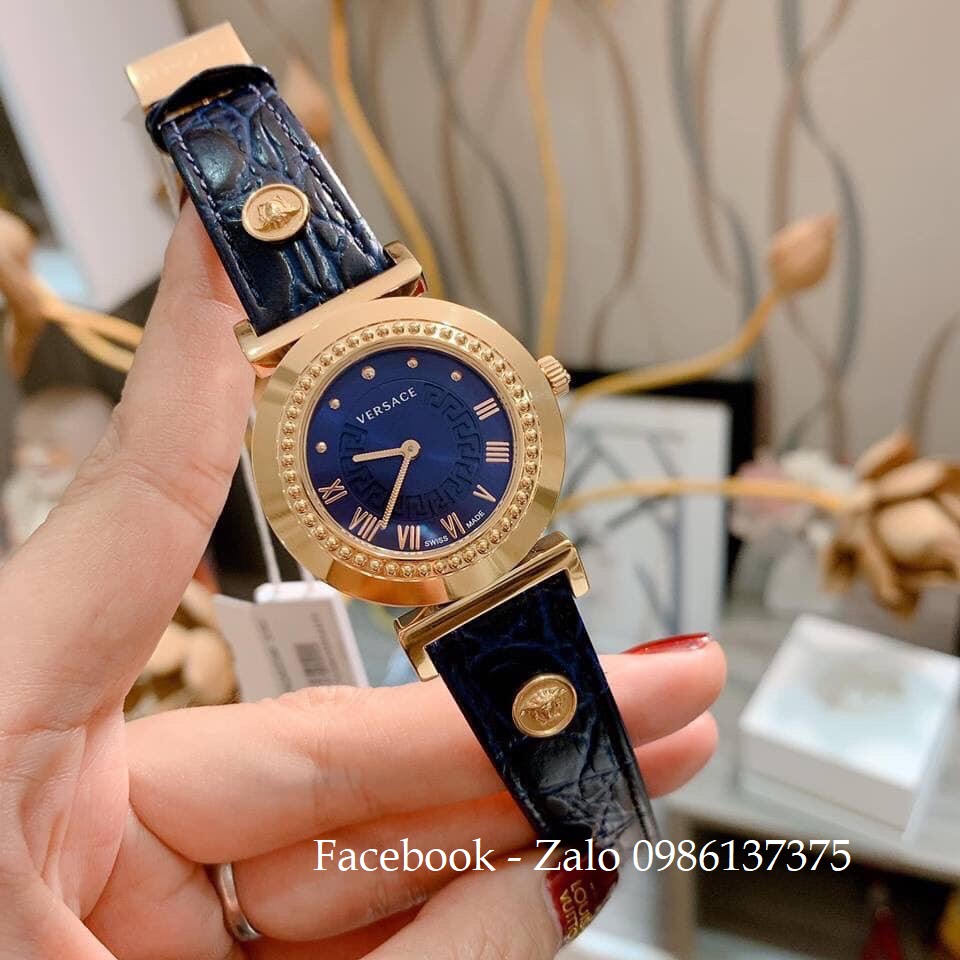 Đồng Hồ Versace Vanity Nữ Dây Da Xanh 35mm (Mặt Trơn)