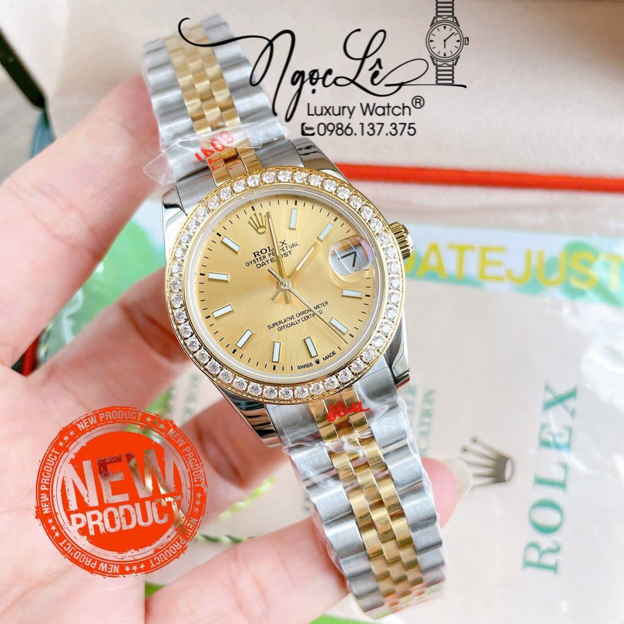 Đồng Hồ Nữ Rolex Datejust Máy Cơ Tự Động Dây Kim Loại Demi Gold Mặt Gold Niềng Đá Size 31mm