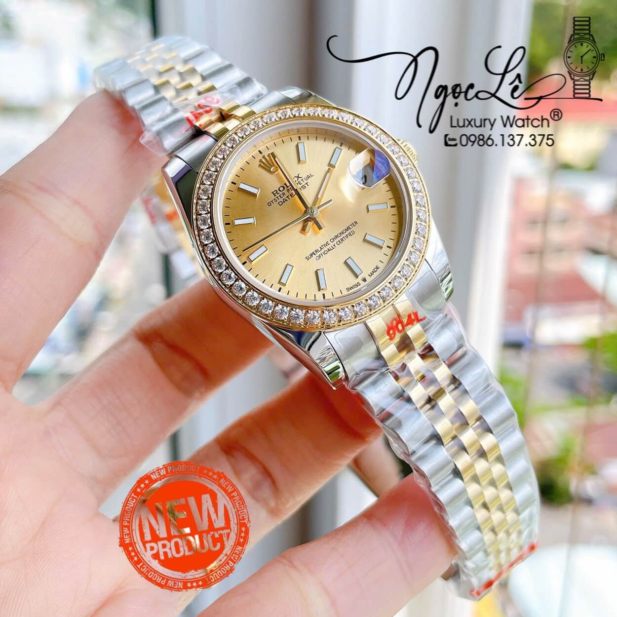 Đồng Hồ Nữ Rolex Datejust Máy Cơ Tự Động Dây Kim Loại Demi Gold Mặt Gold Niềng Đá Size 31mm