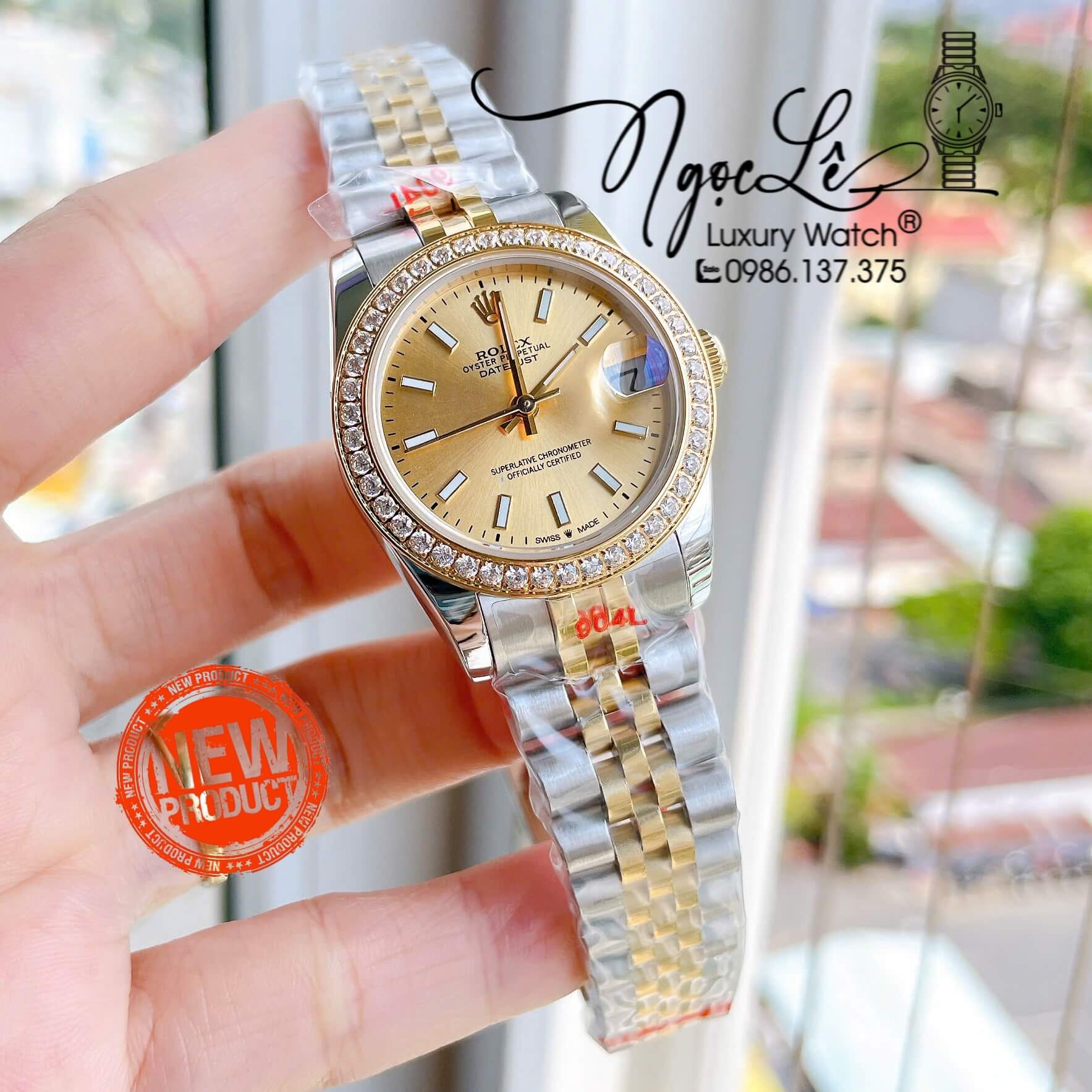 Đồng Hồ Nữ Rolex Datejust Máy Cơ Tự Động Dây Kim Loại Demi Gold Mặt Gold Niềng Đá Size 31mm