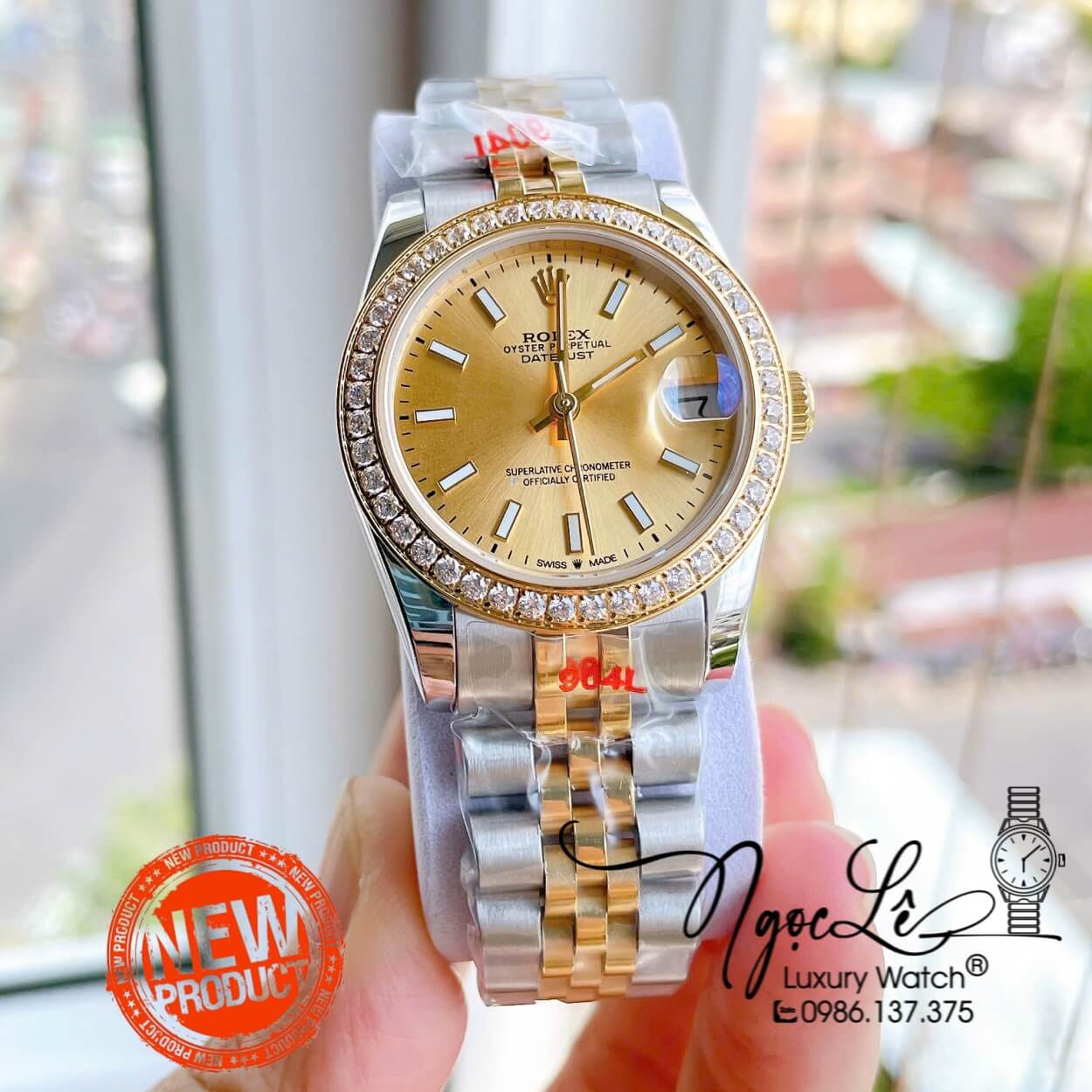 Đồng Hồ Nữ Rolex Datejust Máy Cơ Tự Động Dây Kim Loại Demi Gold Mặt Gold Niềng Đá Size 31mm