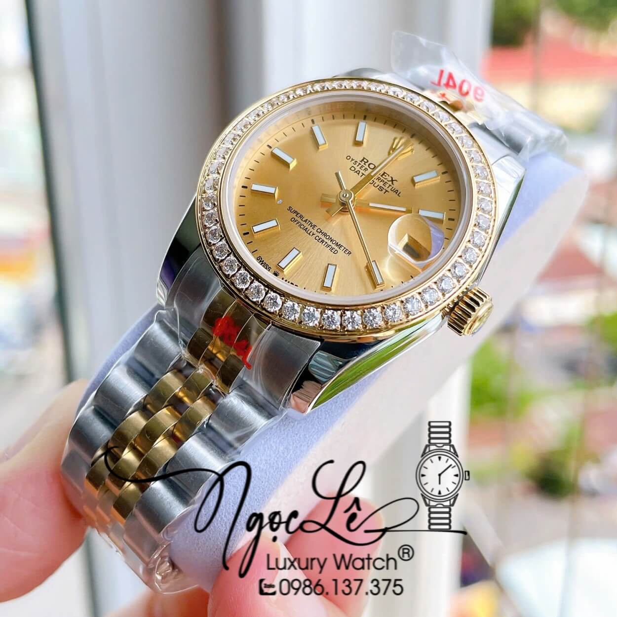 Đồng Hồ Nữ Rolex Datejust Máy Cơ Tự Động Dây Kim Loại Demi Gold Mặt Gold Niềng Đá Size 31mm