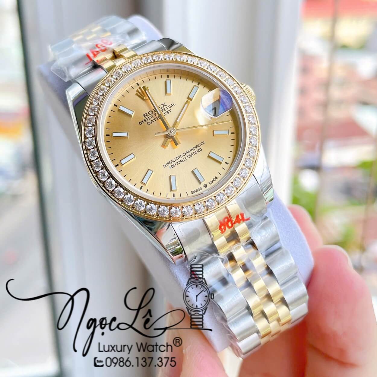 Đồng Hồ Nữ Rolex Datejust Máy Cơ Tự Động Dây Kim Loại Demi Gold Mặt Gold Niềng Đá Size 31mm