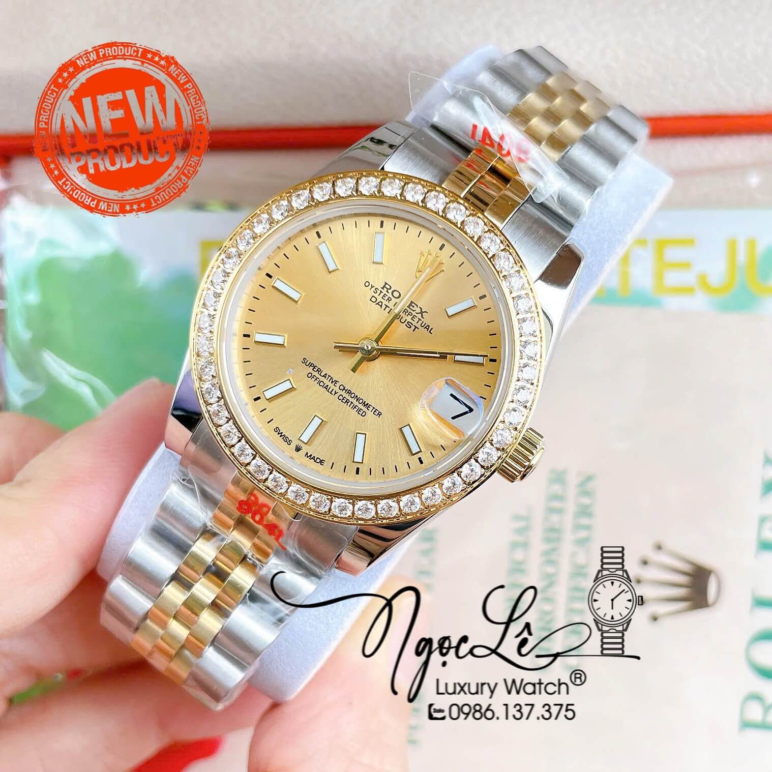 Đồng Hồ Nữ Rolex Datejust Máy Cơ Tự Động Dây Kim Loại Demi Gold Mặt Gold Niềng Đá Size 31mm