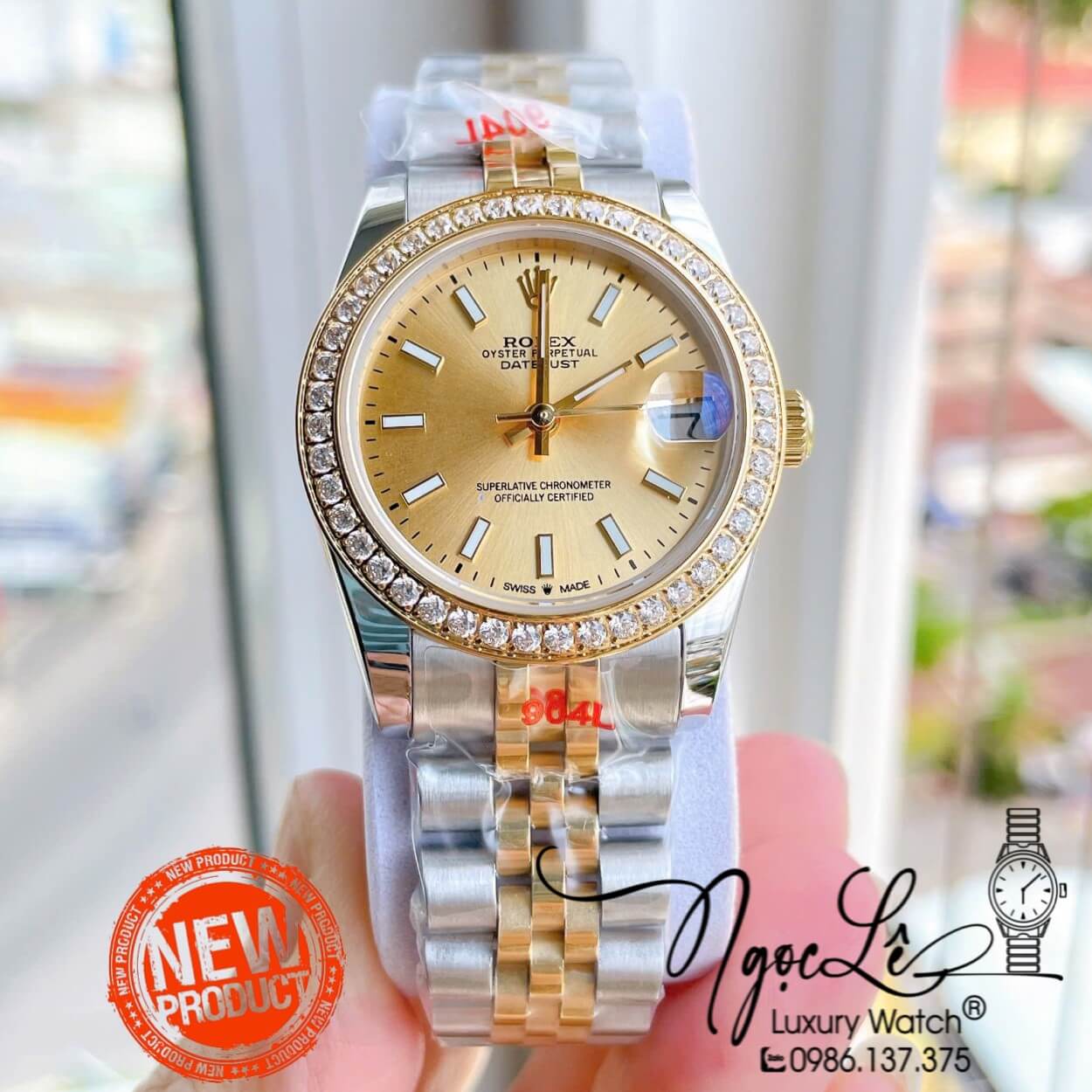 Đồng Hồ Nữ Rolex Datejust Máy Cơ Tự Động Dây Kim Loại Demi Gold Mặt Gold Niềng Đá Size 31mm
