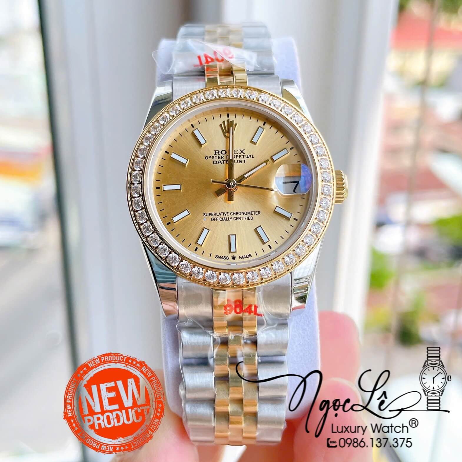 Đồng Hồ Nữ Rolex Datejust Máy Cơ Tự Động Dây Kim Loại Demi Gold Mặt Gold Niềng Đá Size 31mm