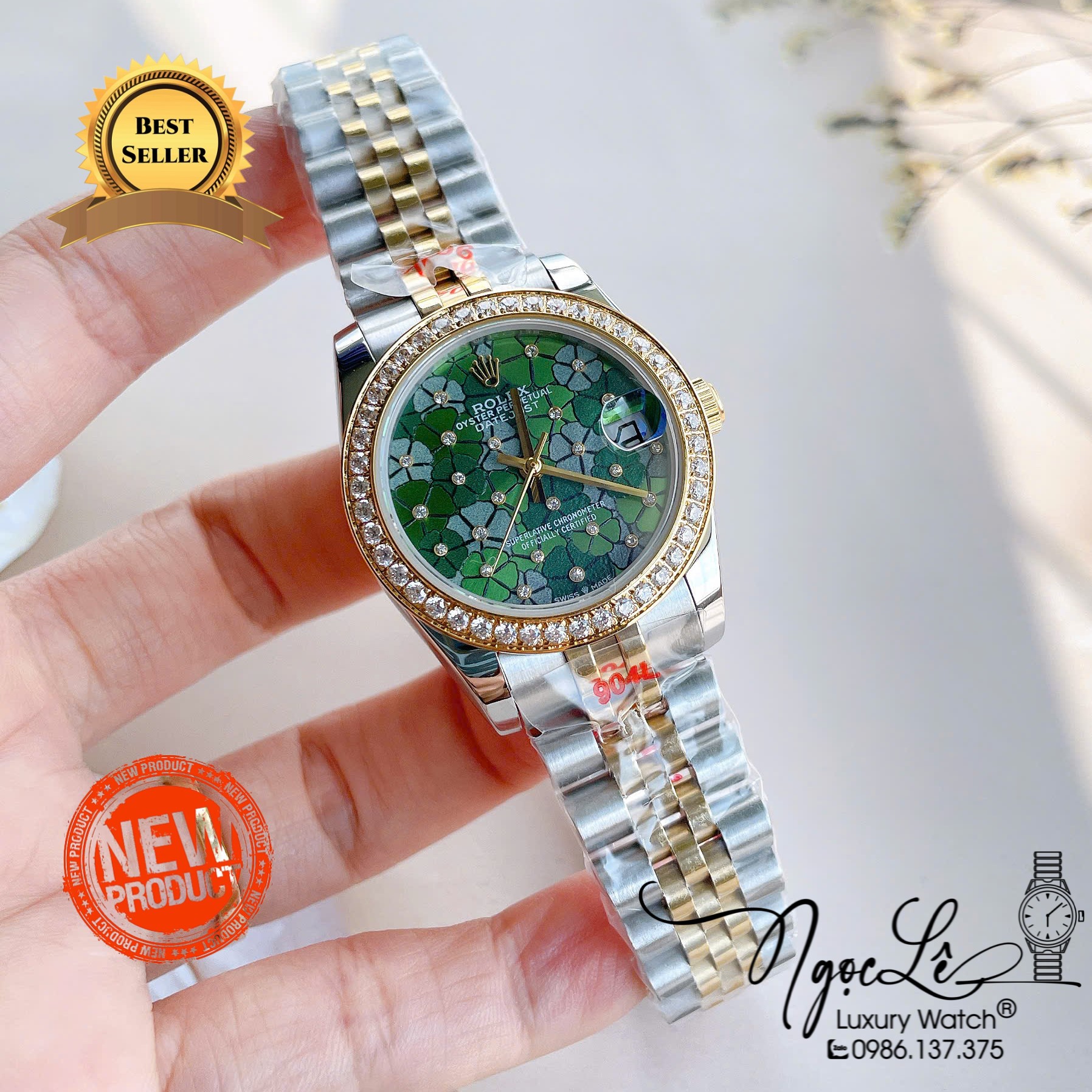 Đồng Hồ Nữ Rolex Datejust Tự Động Dây Kim Loại Demi Gold Mặt Hoa Đồng Tiền Xanh Lá Đính Đá Size 31mm