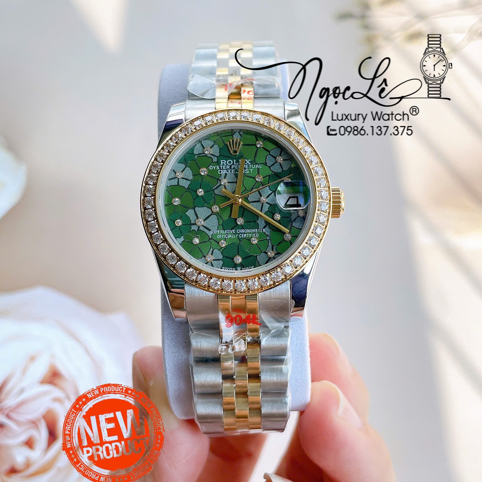 Đồng Hồ Nữ Rolex Datejust Tự Động Dây Kim Loại Demi Gold Mặt Hoa Đồng Tiền Xanh Lá Đính Đá Size 31mm