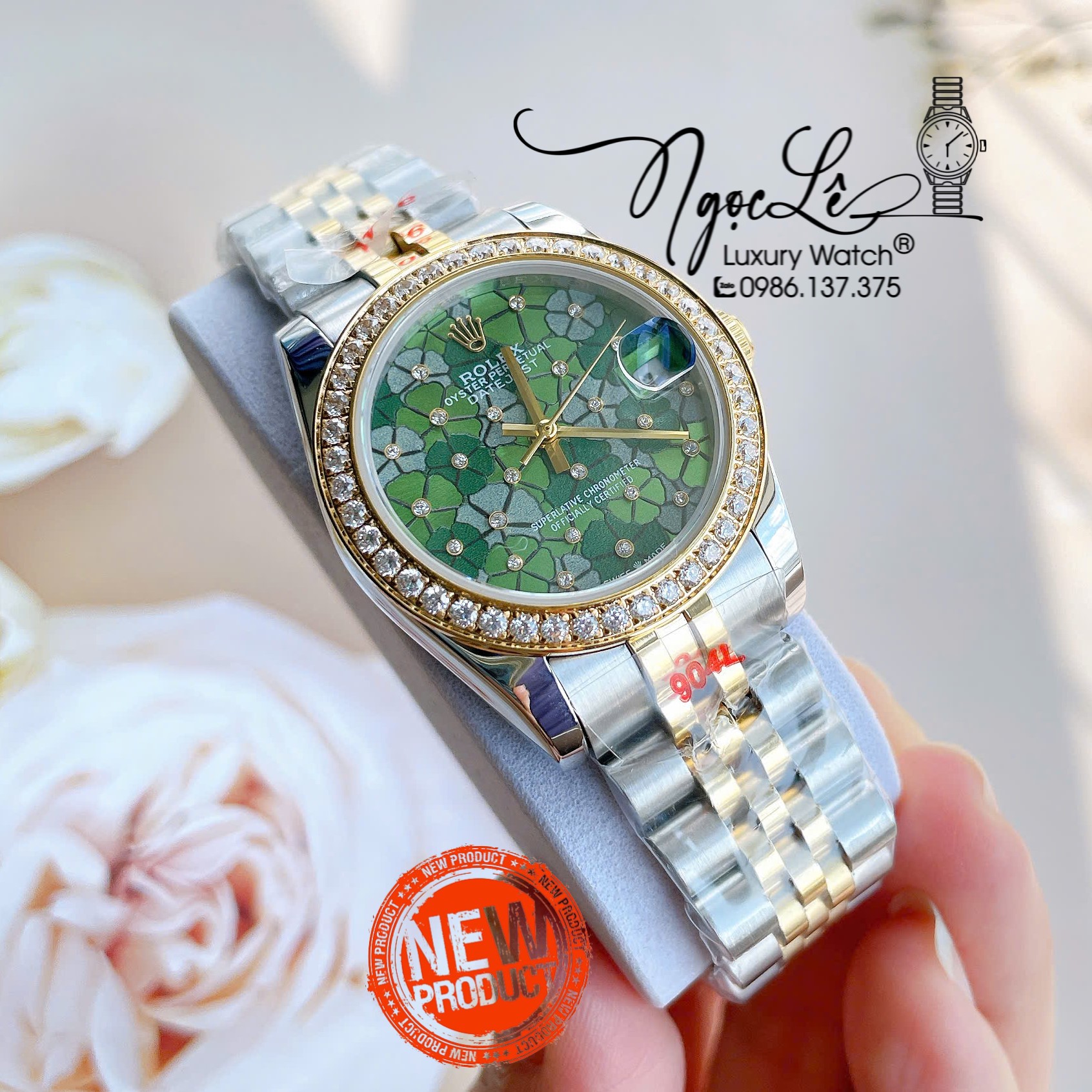 Đồng Hồ Nữ Rolex Datejust Tự Động Dây Kim Loại Demi Gold Mặt Hoa Đồng Tiền Xanh Lá Đính Đá Size 31mm