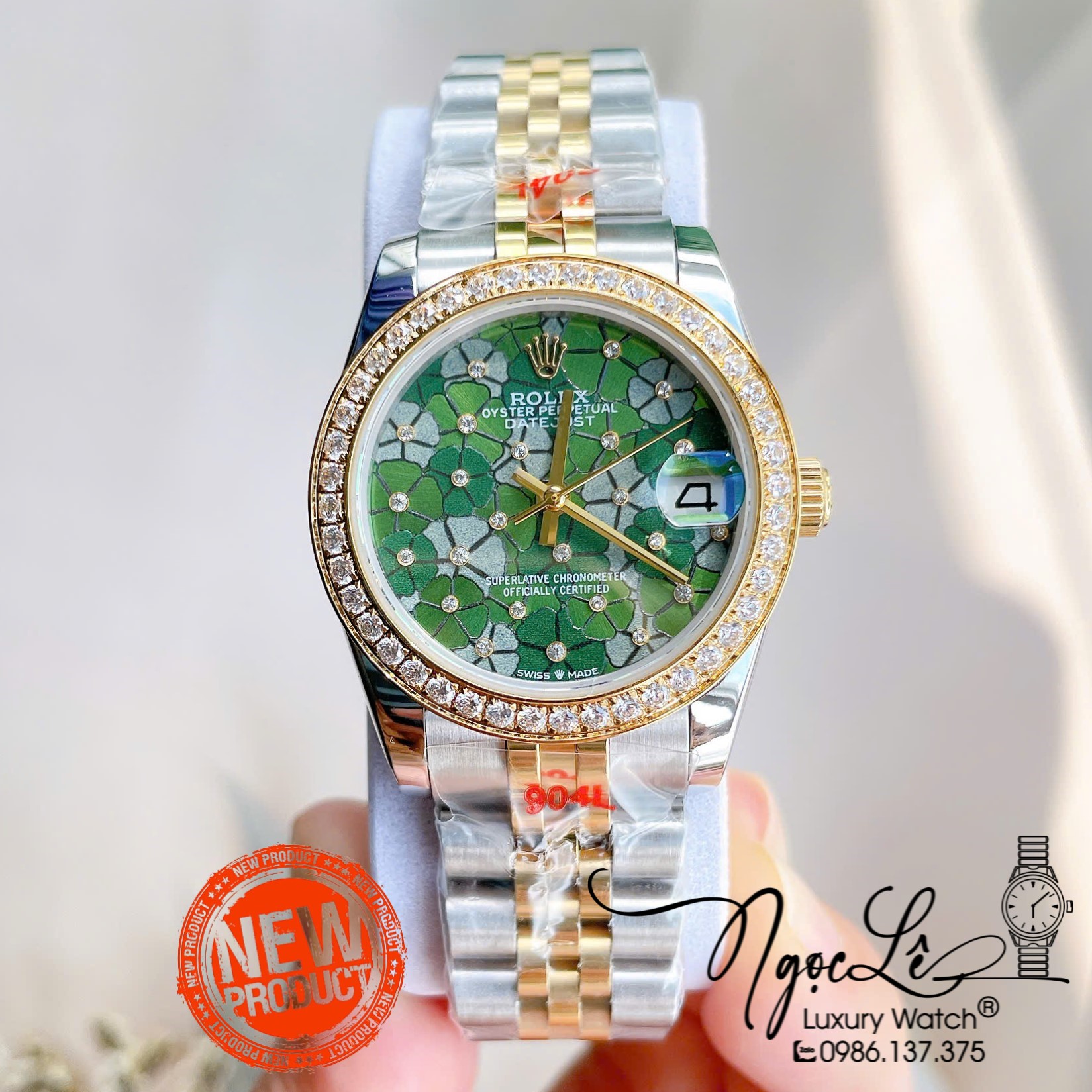 Đồng Hồ Nữ Rolex Datejust Tự Động Dây Kim Loại Demi Gold Mặt Hoa Đồng Tiền Xanh Lá Đính Đá Size 31mm