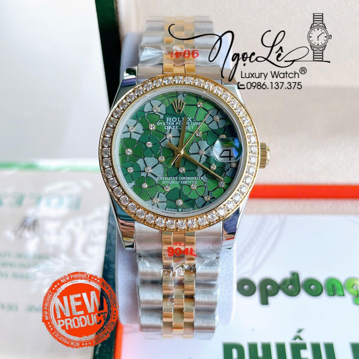 Đồng Hồ Nữ Rolex Datejust Tự Động Dây Kim Loại Demi Gold Mặt Hoa Đồng Tiền Xanh Lá Đính Đá Size 31mm