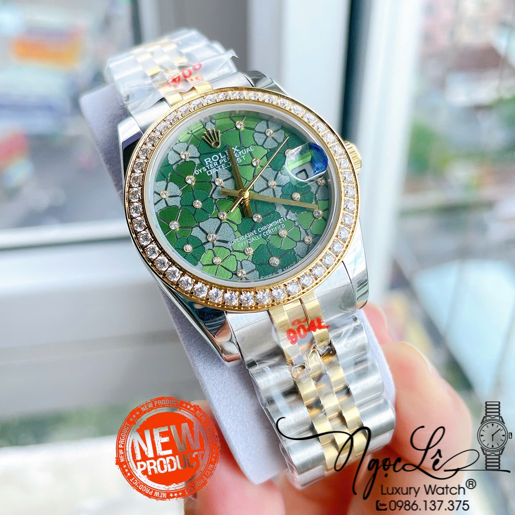Đồng Hồ Nữ Rolex Datejust Tự Động Dây Kim Loại Demi Gold Mặt Hoa Đồng Tiền Xanh Lá Đính Đá Size 31mm