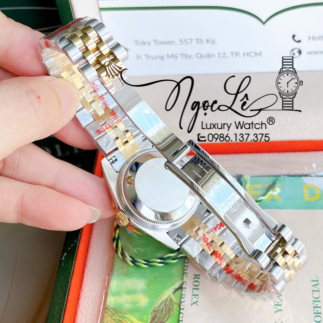 Đồng Hồ Nữ Rolex Datejust Tự Động Dây Kim Loại Demi Gold Mặt Hoa Đồng Tiền Xanh Lá Đính Đá Size 31mm