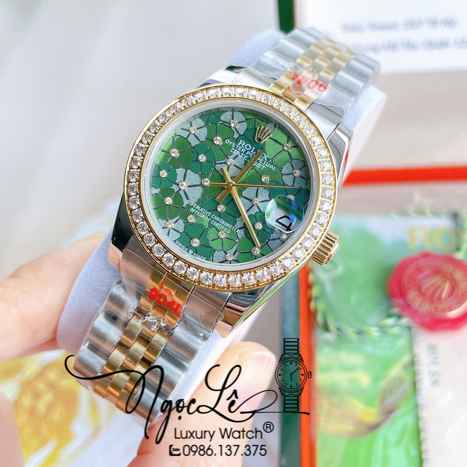 Đồng Hồ Nữ Rolex Datejust Tự Động Dây Kim Loại Demi Gold Mặt Hoa Đồng Tiền Xanh Lá Đính Đá Size 31mm