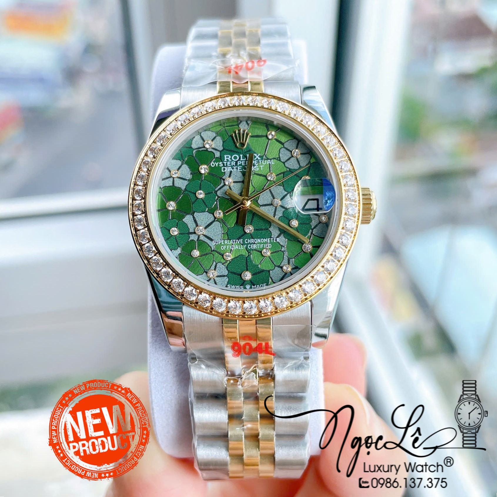 Đồng Hồ Nữ Rolex Datejust Tự Động Dây Kim Loại Demi Gold Mặt Hoa Đồng Tiền Xanh Lá Đính Đá Size 31mm