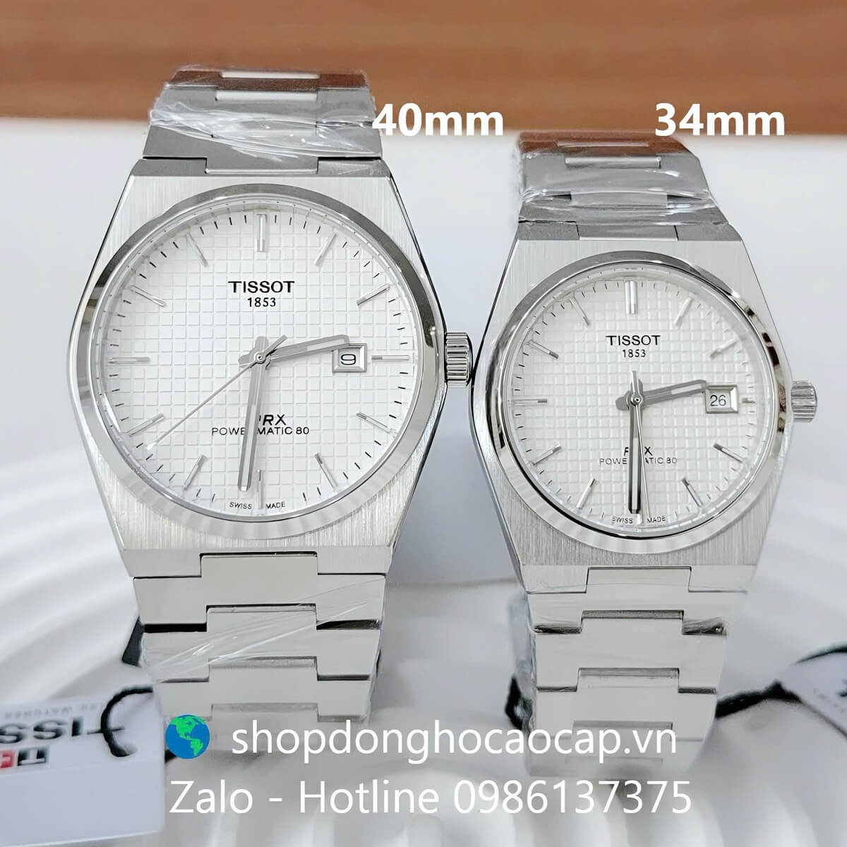 Đồng Hồ Cặp Nam Nữ Tissot PRX Máy Pin Mặt Trắng Caro Dây Kim Loại Size 40mm - 34mm