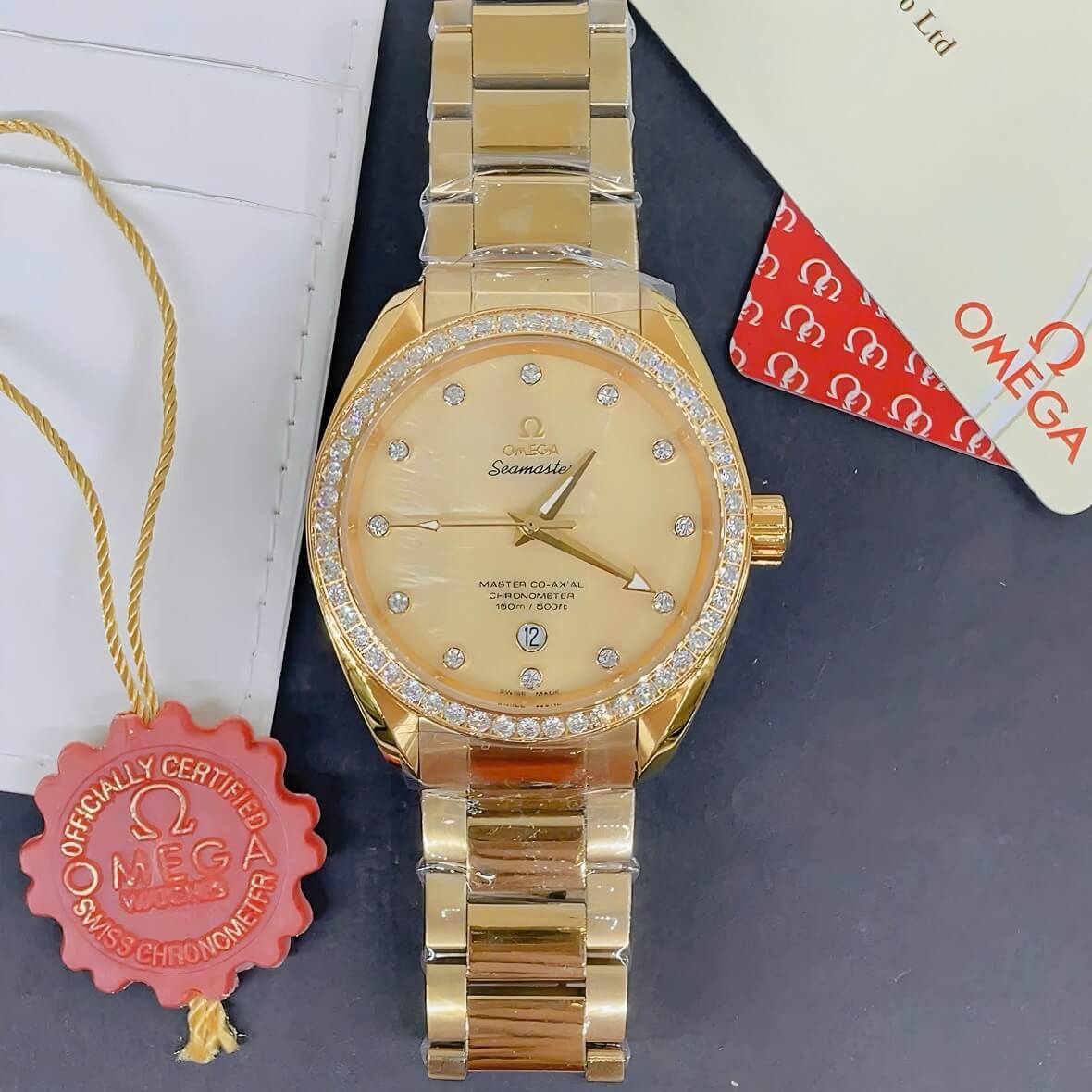 Đồng Hồ Nam Omega Seamaster Tự Động Đính Đá Mặt Vàng Xà Cừ Kim Loại Vàng Size 40mm