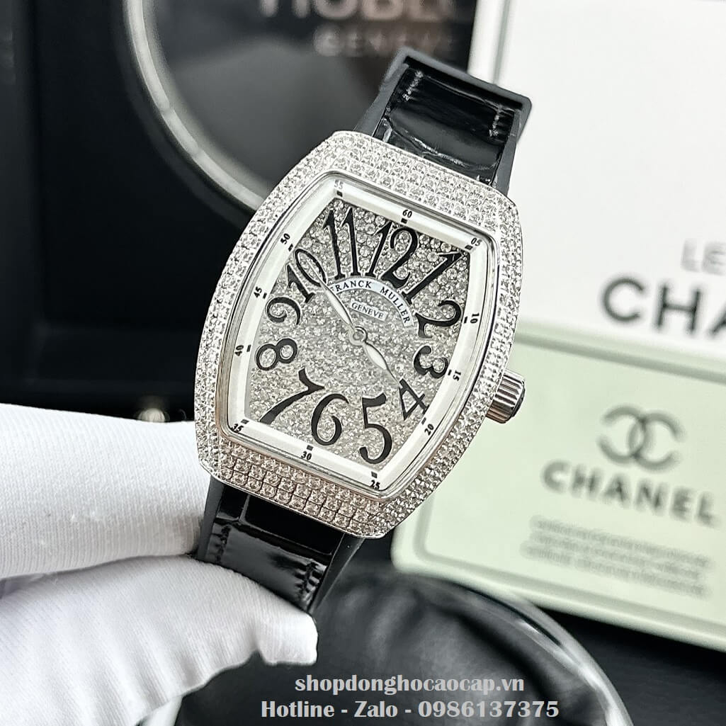 Đồng Hồ Franck Muller V32 Nữ Dây Da Silicon Đen Đính Đá Bạc 34mm